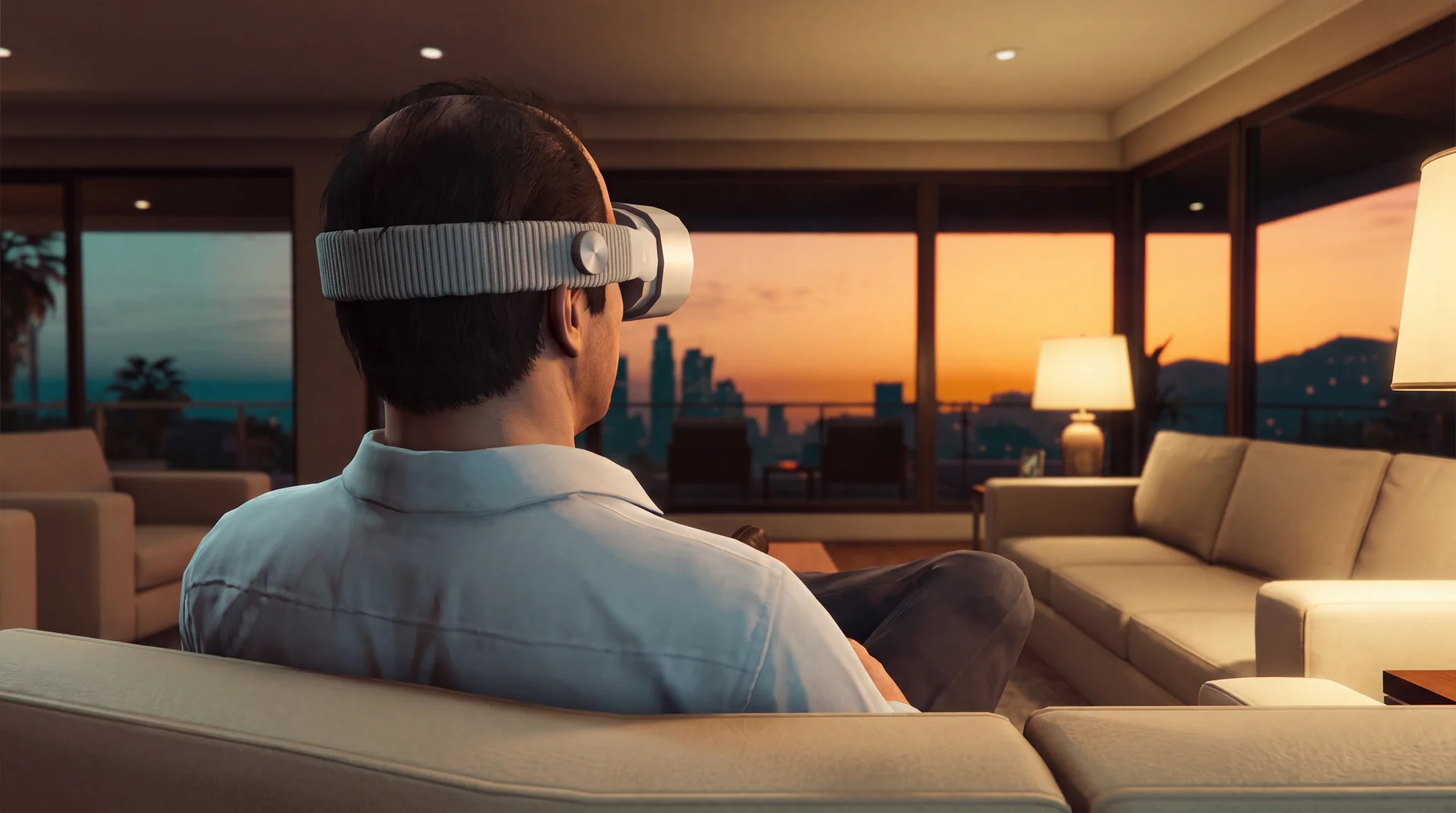 A player sits in a lounge at sunset wearing the headset; the city is still visible through the window.