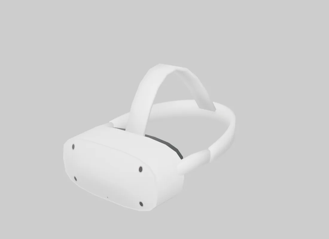 The RoadVR Go: a white standalone headset seen three-quarters from the front, four dark camera dots set into its face, a strap over the top of the head and a second one running around the back.
