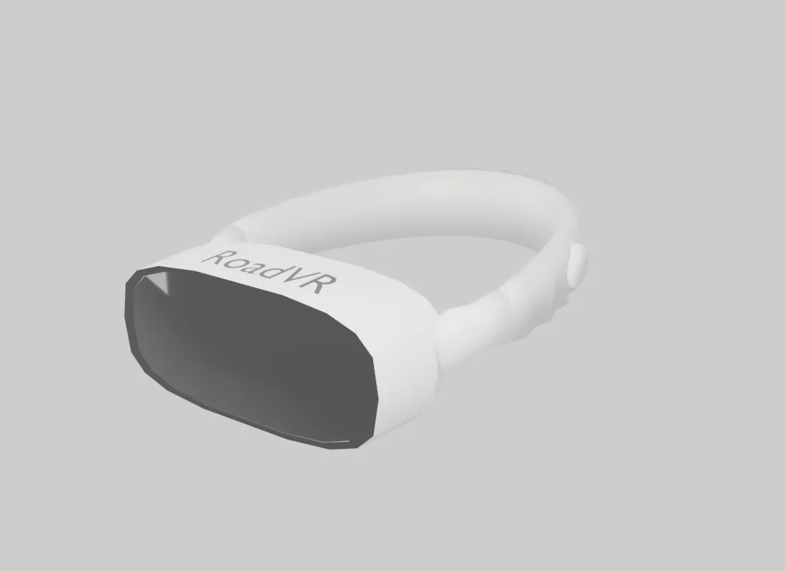 The RoadVR headset: a white visor with one dark curved lens filling its front, the RoadVR wordmark on the housing above it, and a soft loop strap running back over the head.