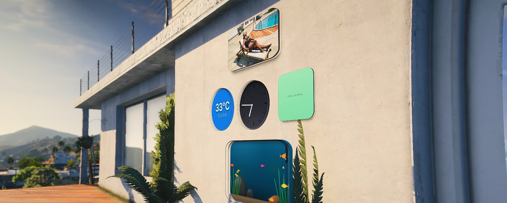 A villa wall in daylight through the headset: a framed pool photo, the weather circle, the wall clock, a green sticky note, and the aquarium sunk into the plaster.