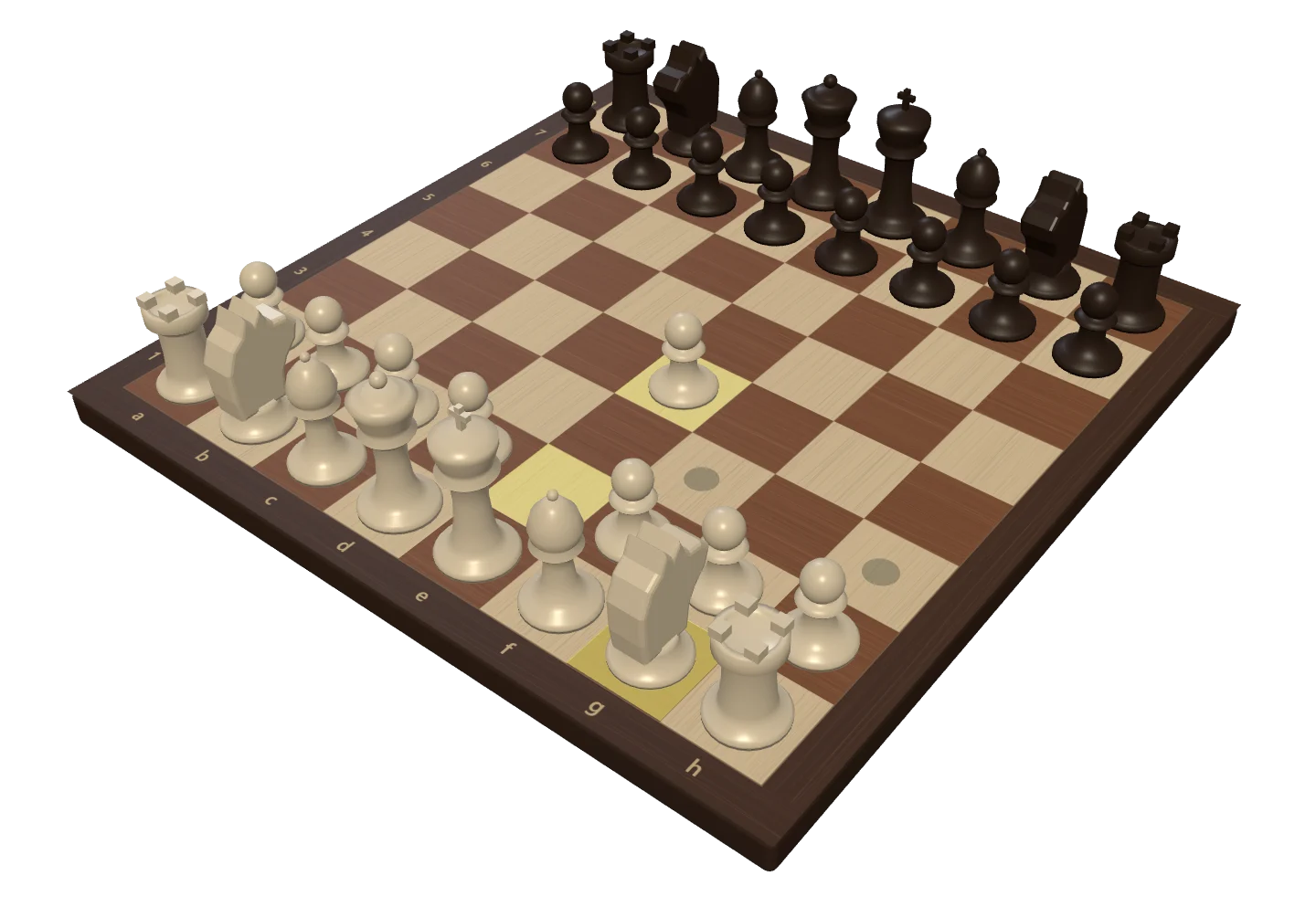 The RoadVR chess board after 1. e4, with a white knight selected and its legal squares marked